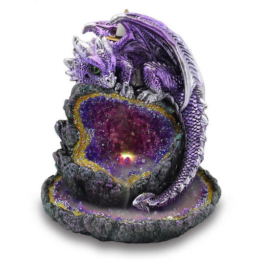 Intricate purple dragon perched on a crystal cave backflow incense burner with glowing LED lights.