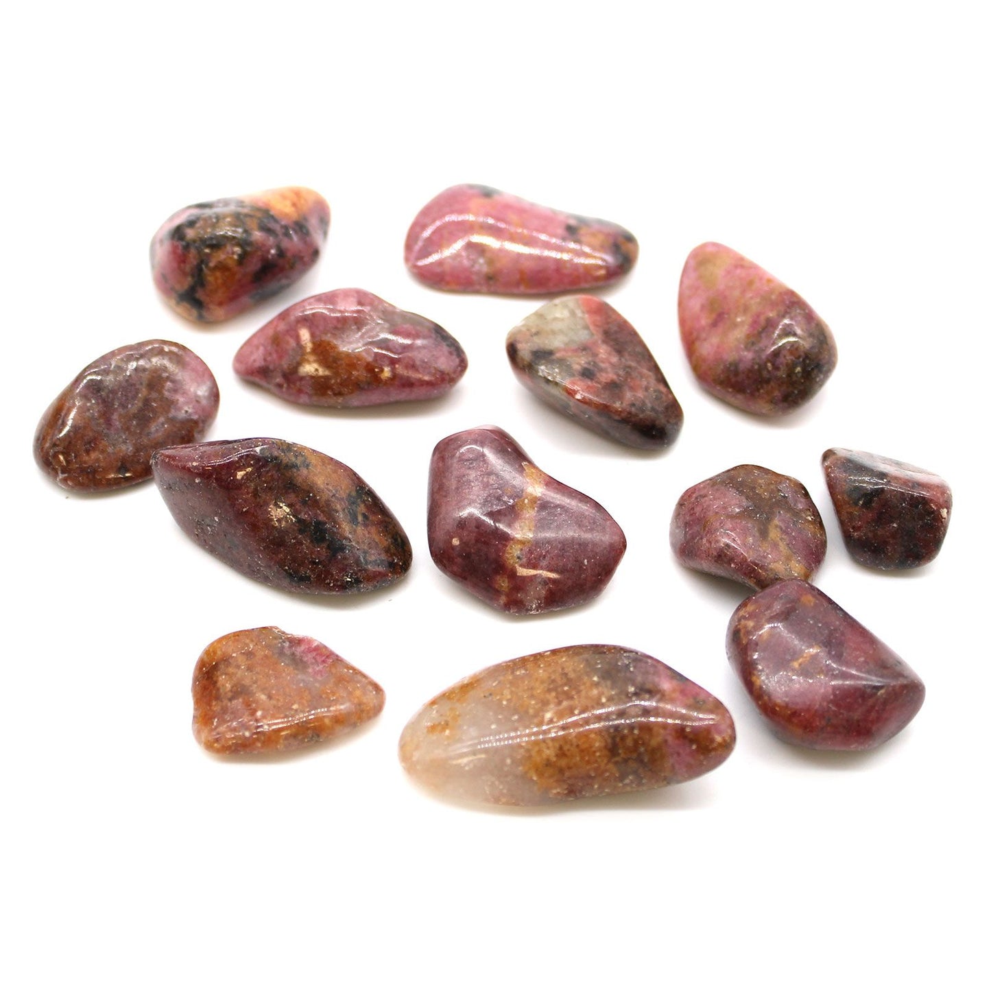 A smooth, polished large Rhodonite tumbled stone showing characteristic pink and black mottled patterns.