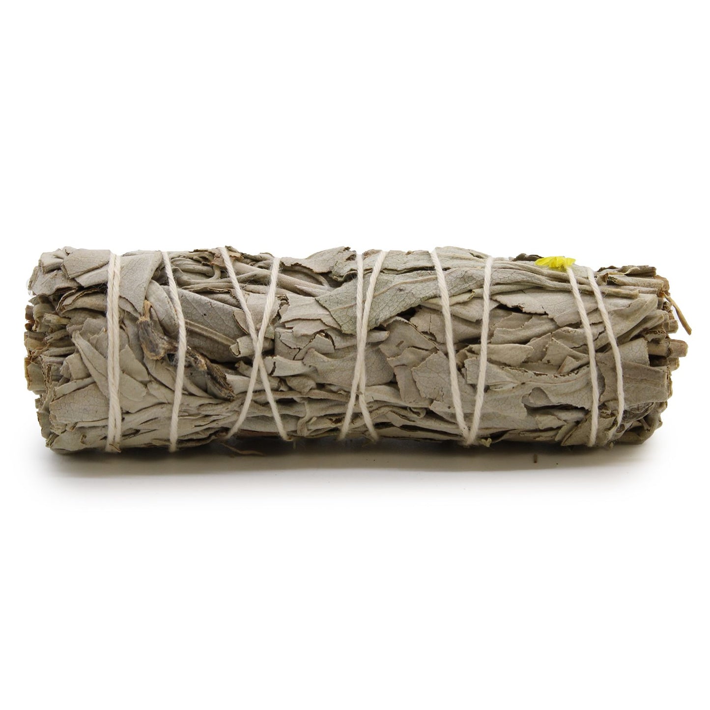 A hand-tied smudge stick bundle featuring dried white sage and blue sage leaves wrapped in string.