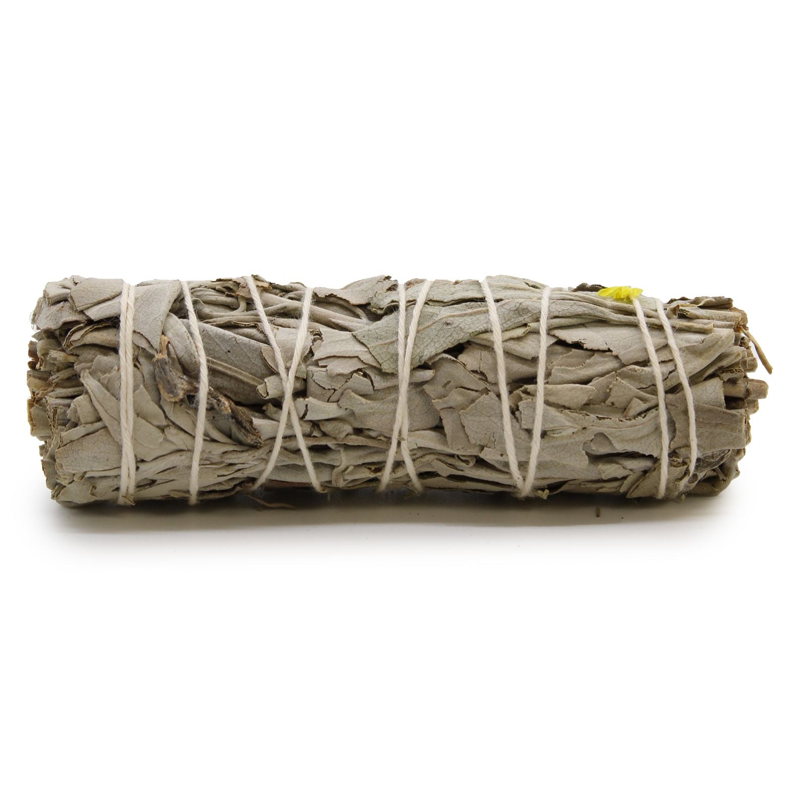 A hand-tied smudge stick bundle featuring dried white sage and blue sage leaves wrapped in string.