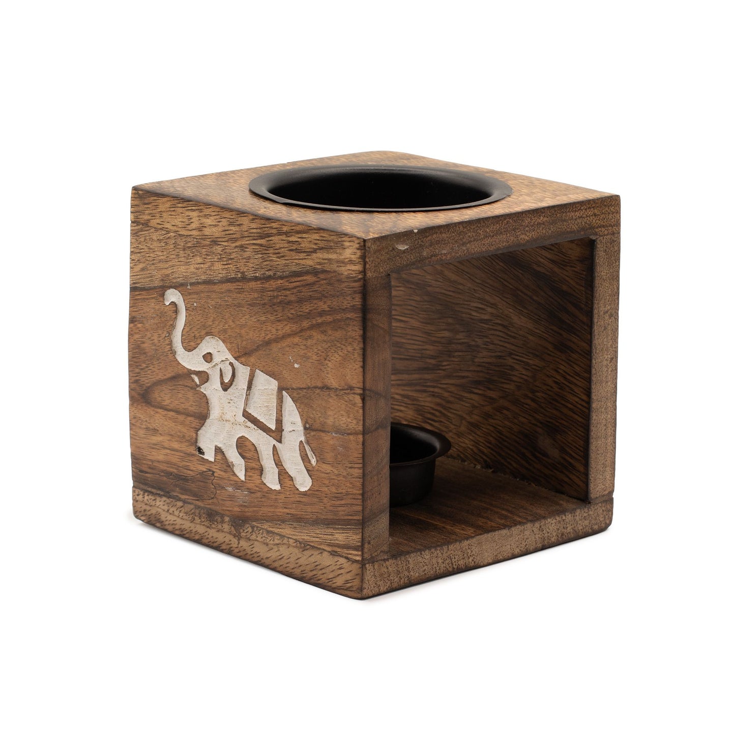 Square hand-carved mango wood oil burner with a detailed elephant engraving and a ceramic bowl on top for essential oils.