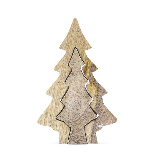 Handcrafted mango wood pine tree ornament with a glossy green enamel inlay and layered design.