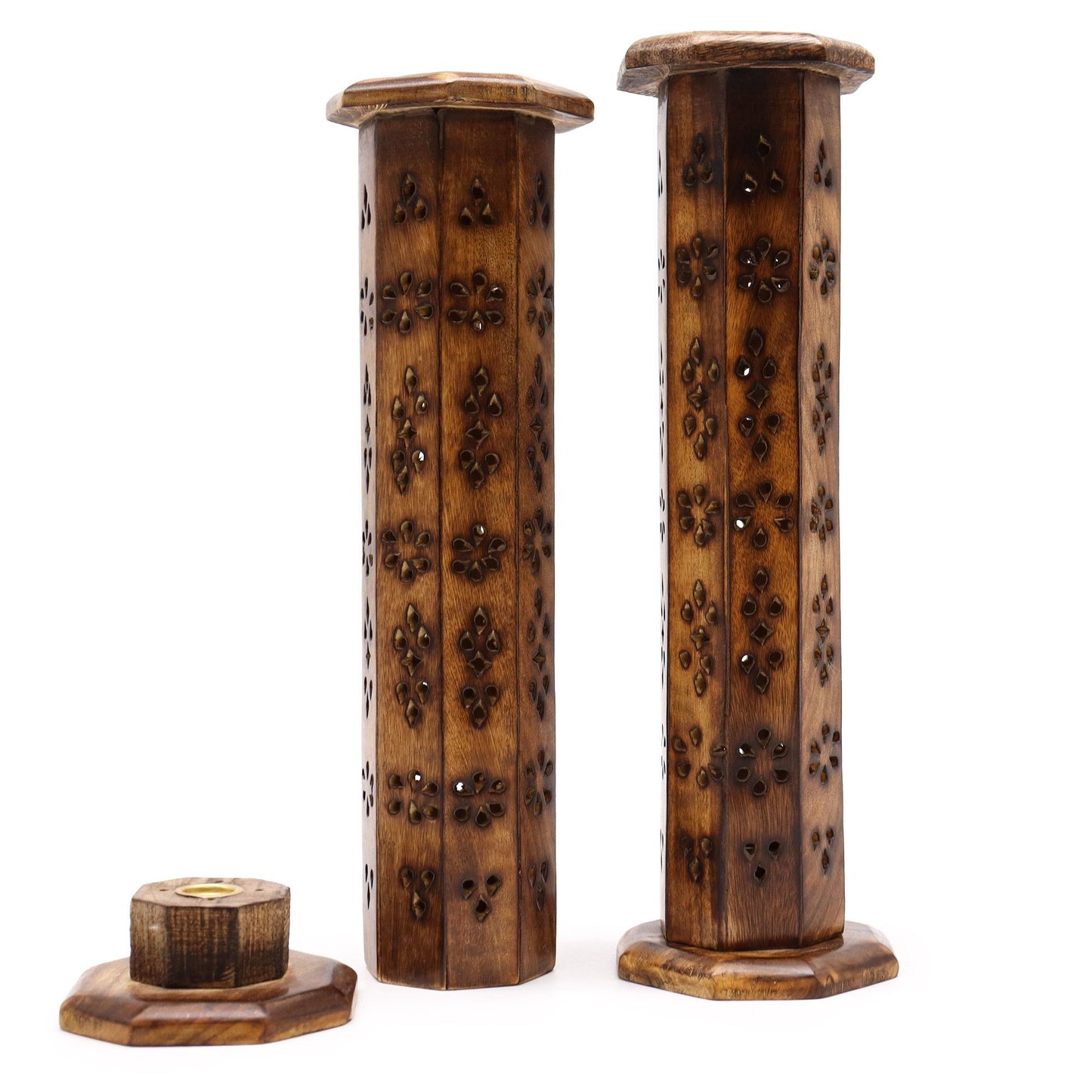 Handcrafted hexagonal tower incense burner made from natural mango wood with decorative carvings.