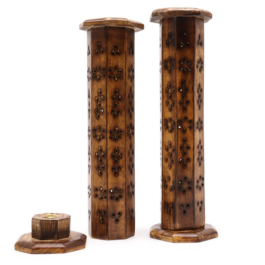 Handcrafted hexagonal tower incense burner made from natural mango wood with decorative carvings.