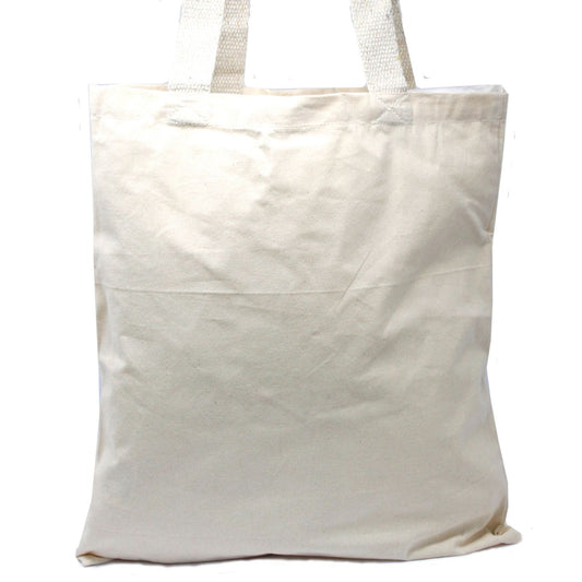 Large natural cream-coloured 6oz cotton tote bag with long handles laid flat on a neutral background.