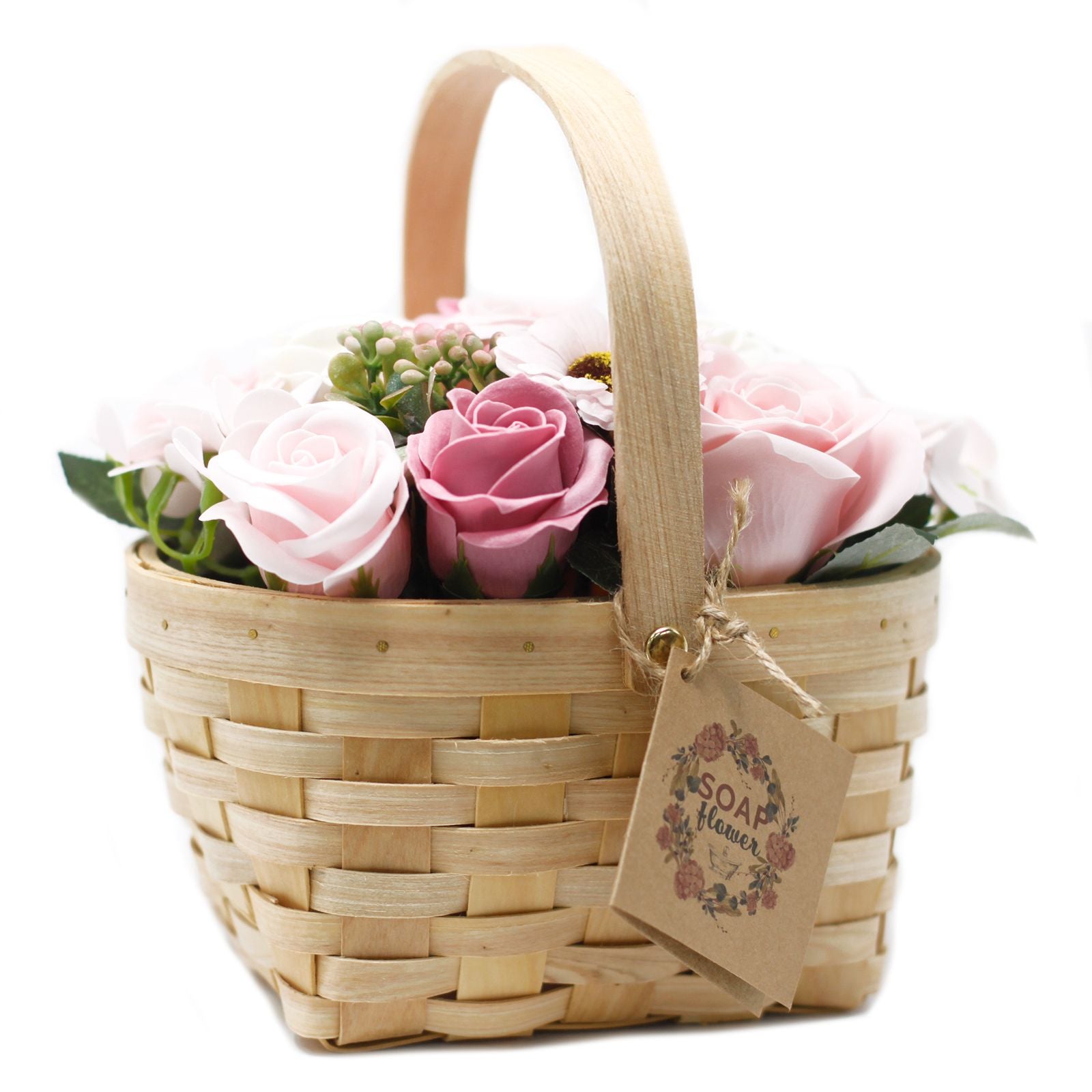 Large bouquet of pink soap roses, hyacinths and a sunflower presented in a rustic wicker basket.