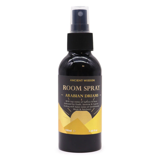 Clear 100ml glass bottle of Arabian Dreams room spray with a gold cap and elegant label.