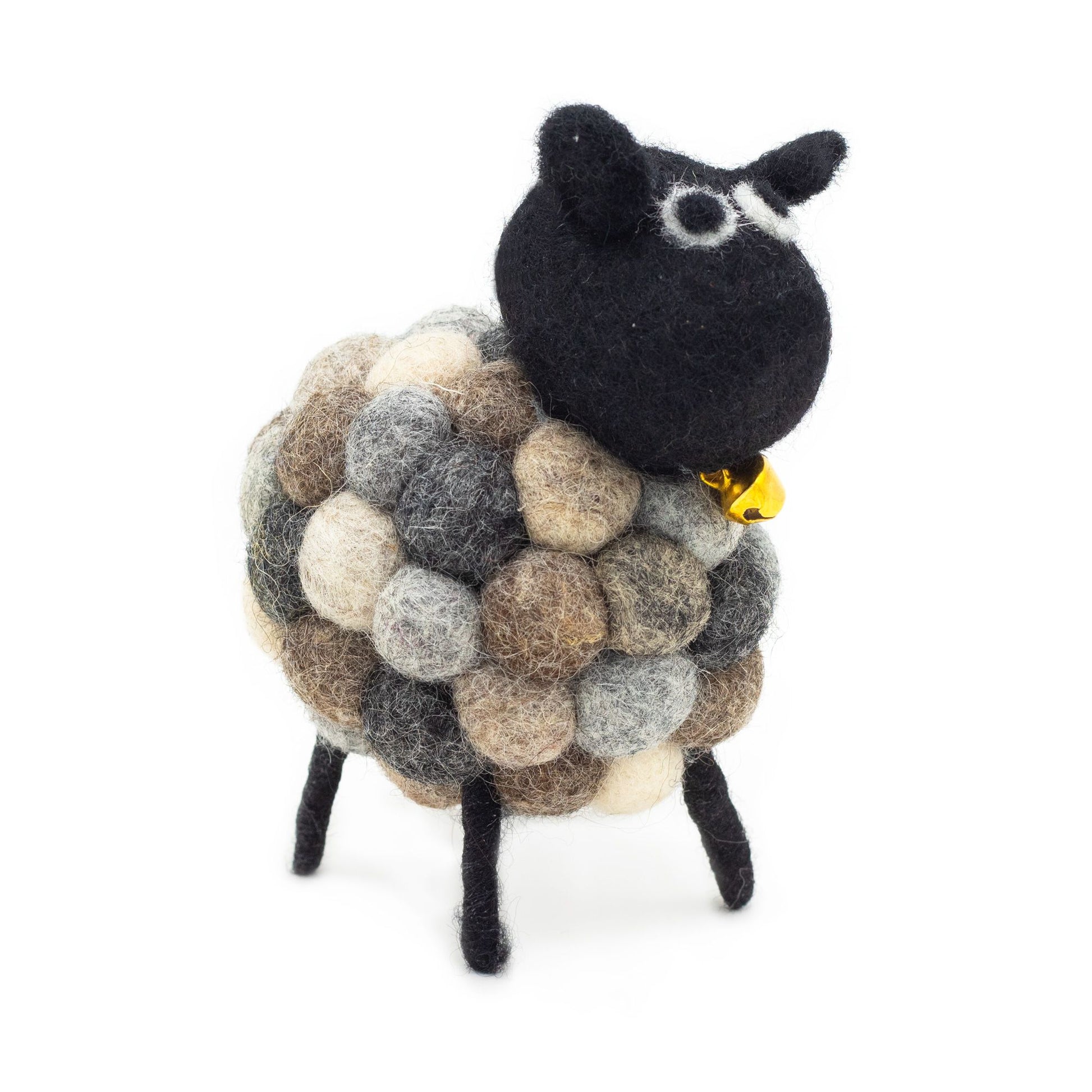 Handmade decorative sheep featuring a textured body made from multi-toned grey felted wool balls and a golden bell.