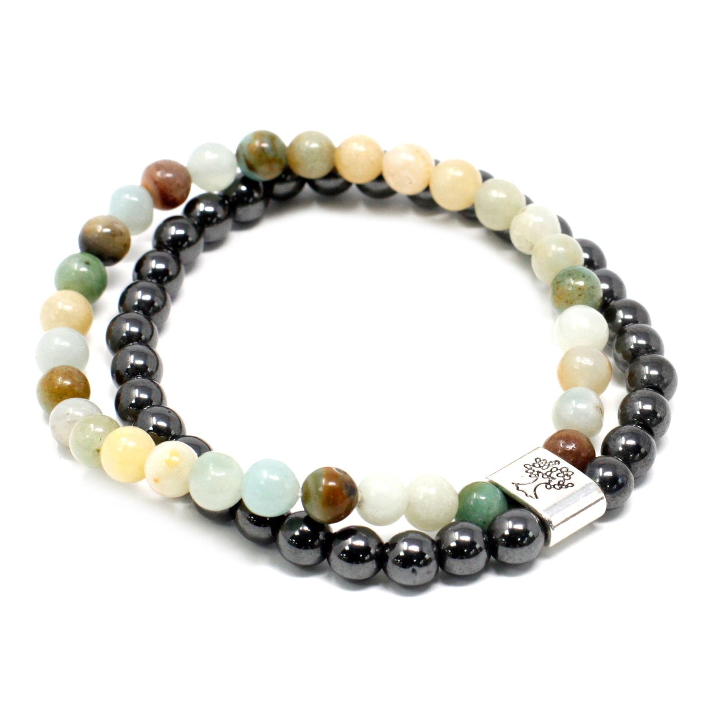 Stretch bracelet featuring polished light green amazonite beads and dark metallic magnetic beads.