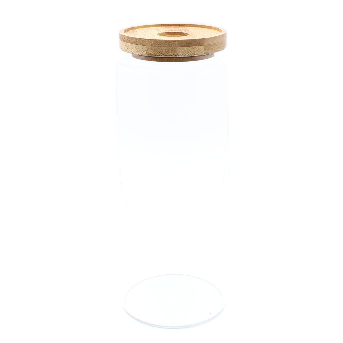 Elegant 20cm tall glass storage jar with a sustainable natural bamboo lid and a 1200ml capacity.