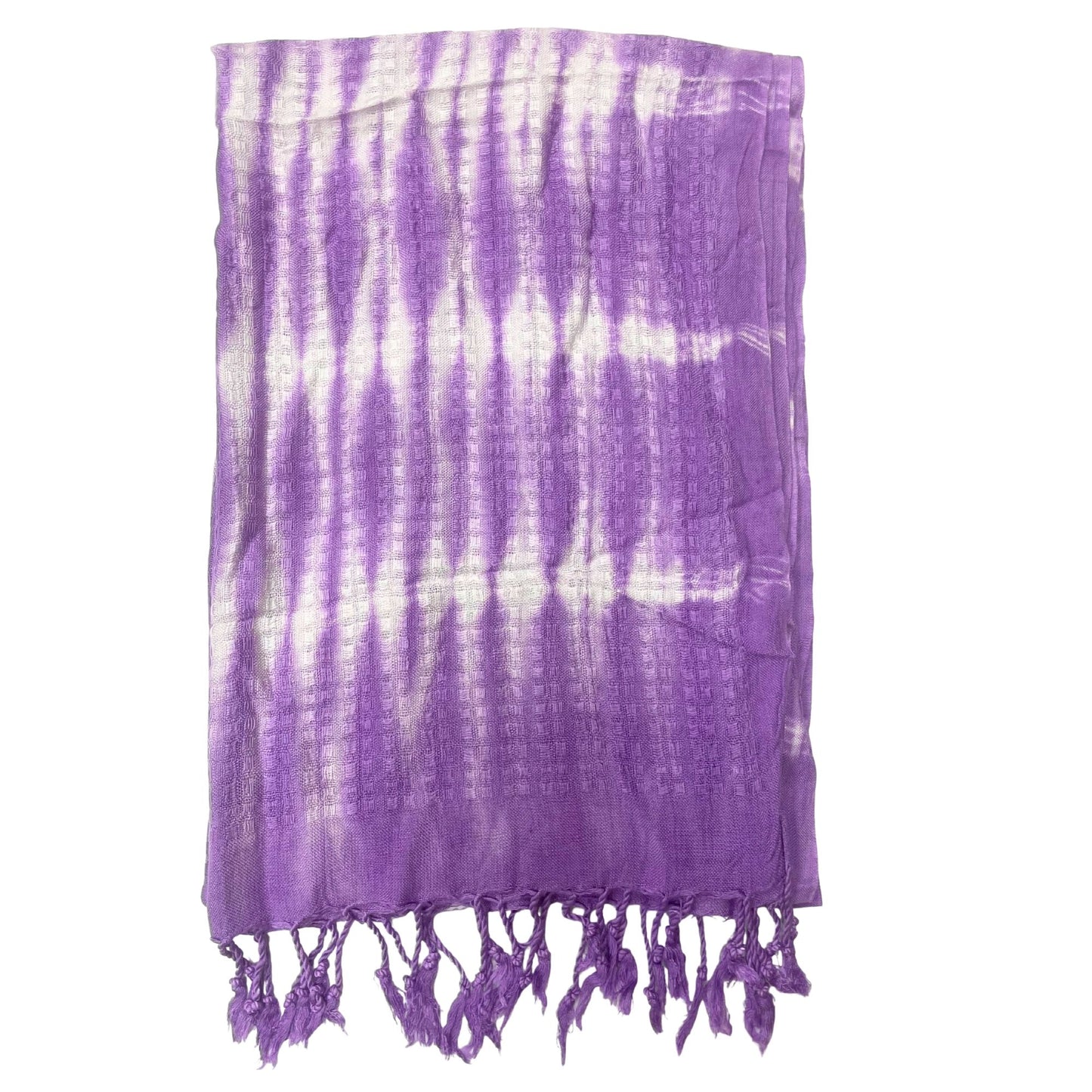 Elegant lavender and white striped scarf with delicate floral motifs and a soft linen texture.
