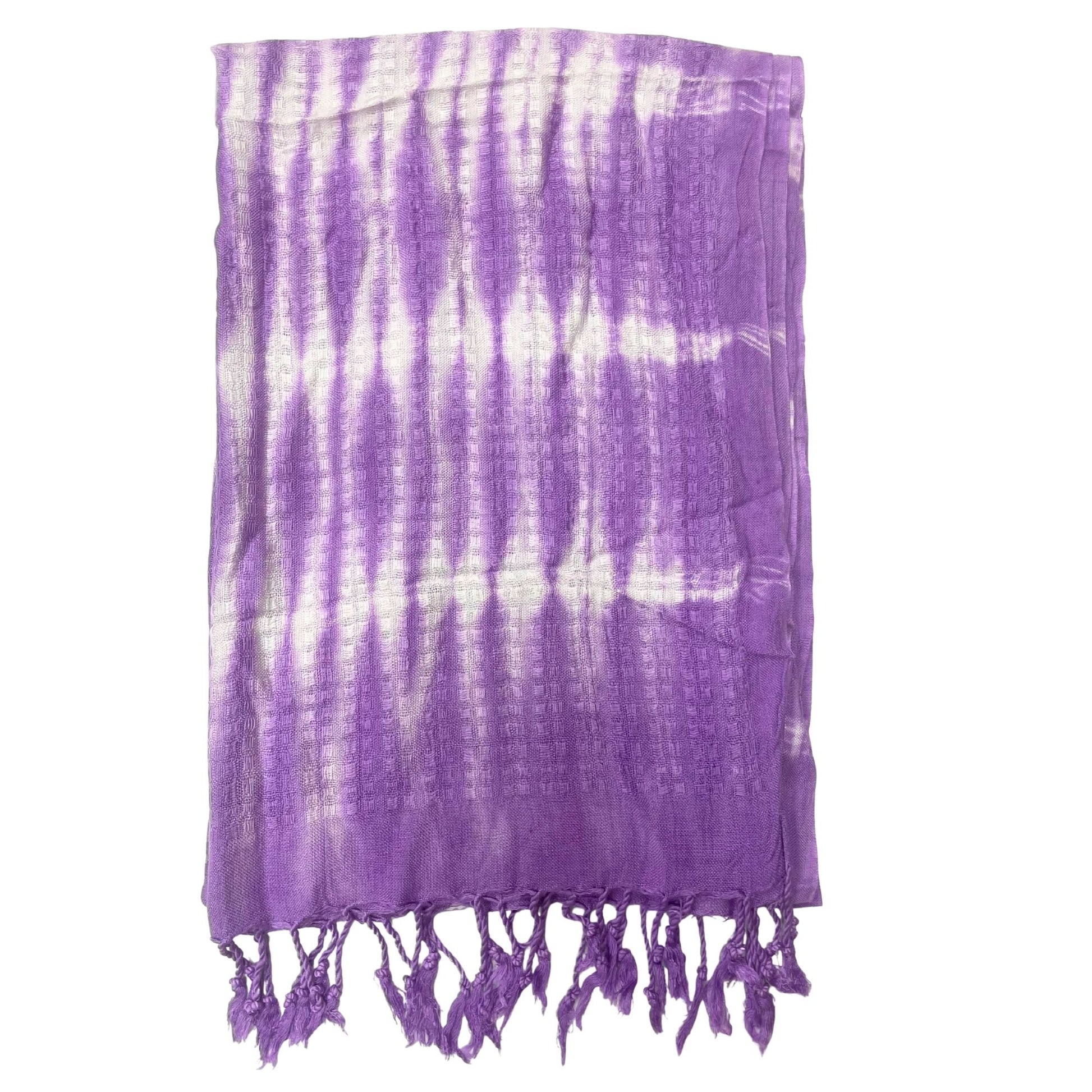 Elegant lavender and white striped scarf with delicate floral motifs and a soft linen texture.