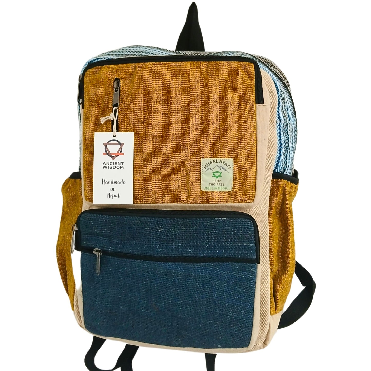 Large boxy hemp backpack in a vibrant teal and tumeric colour combination with multiple zip pockets.