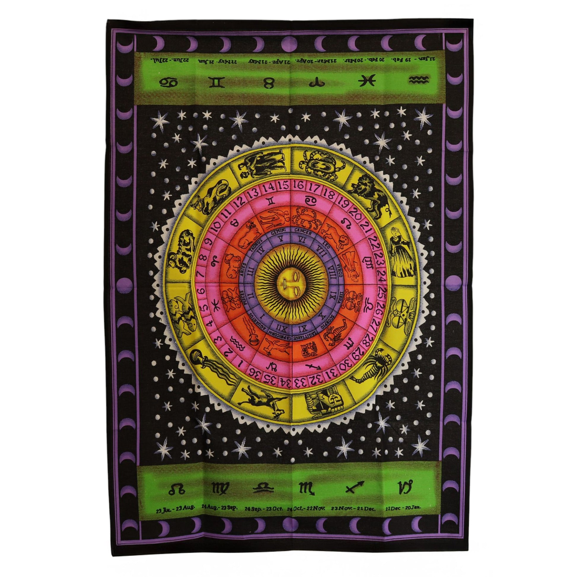 Vivid zodiac wheel wall hanging with stars, lunar phases, and bright colour gradients on a white cotton fabric.