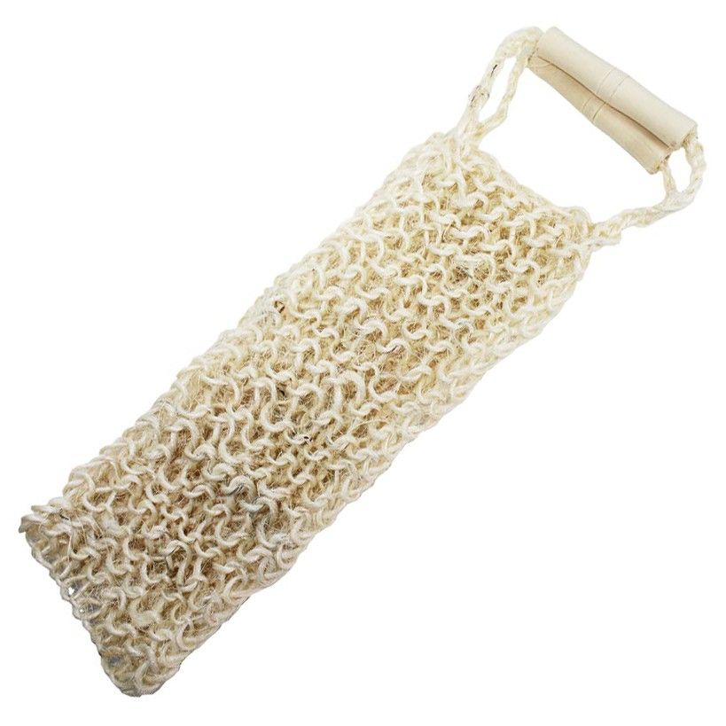 Textured natural fibre back scrub with long handles for easy reaching and exfoliation.