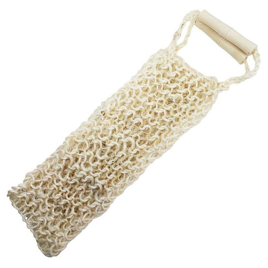 Textured natural fibre back scrub with long handles for easy reaching and exfoliation.
