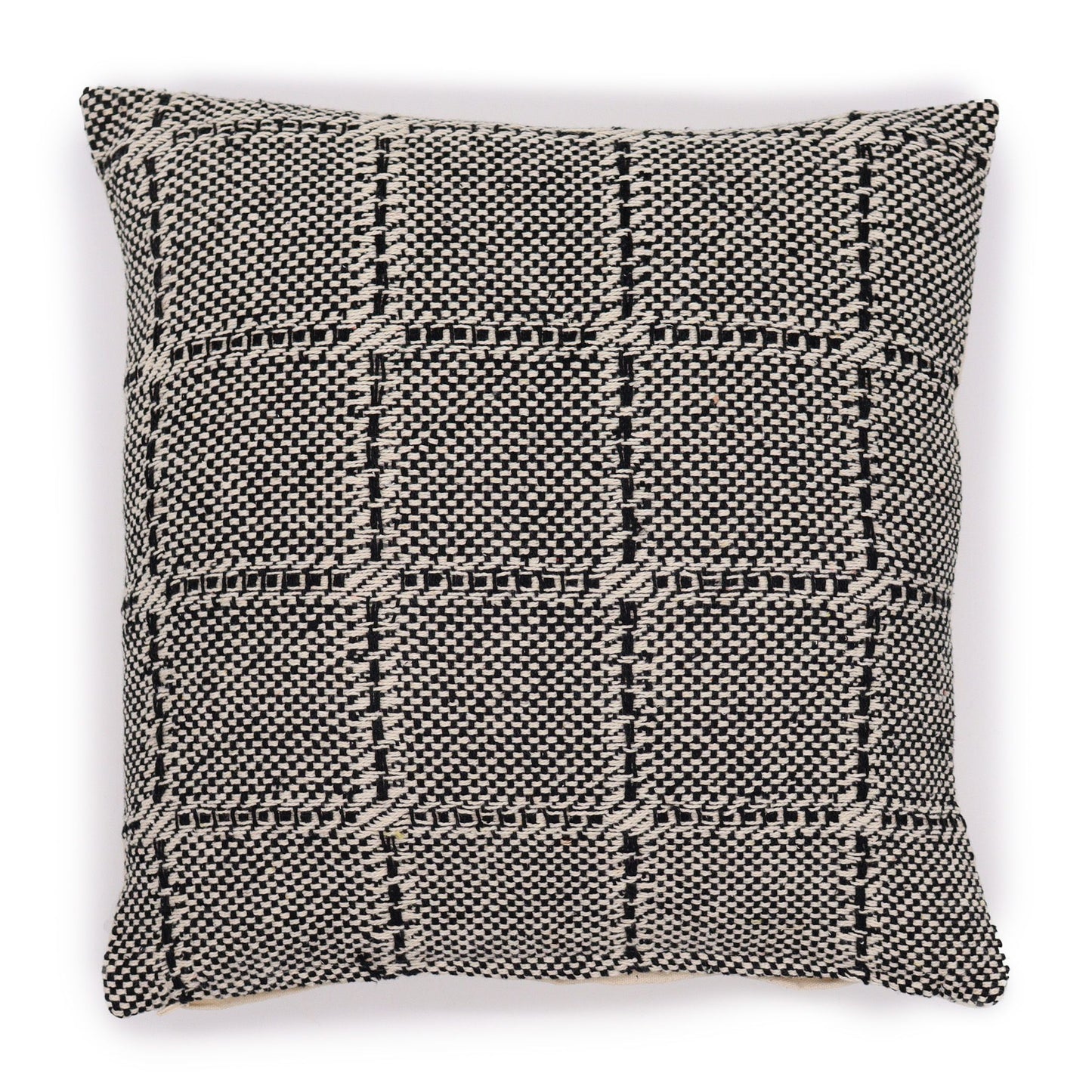 Square grey cotton cushion cover featuring a traditional white geometric pattern in a minimalist style.