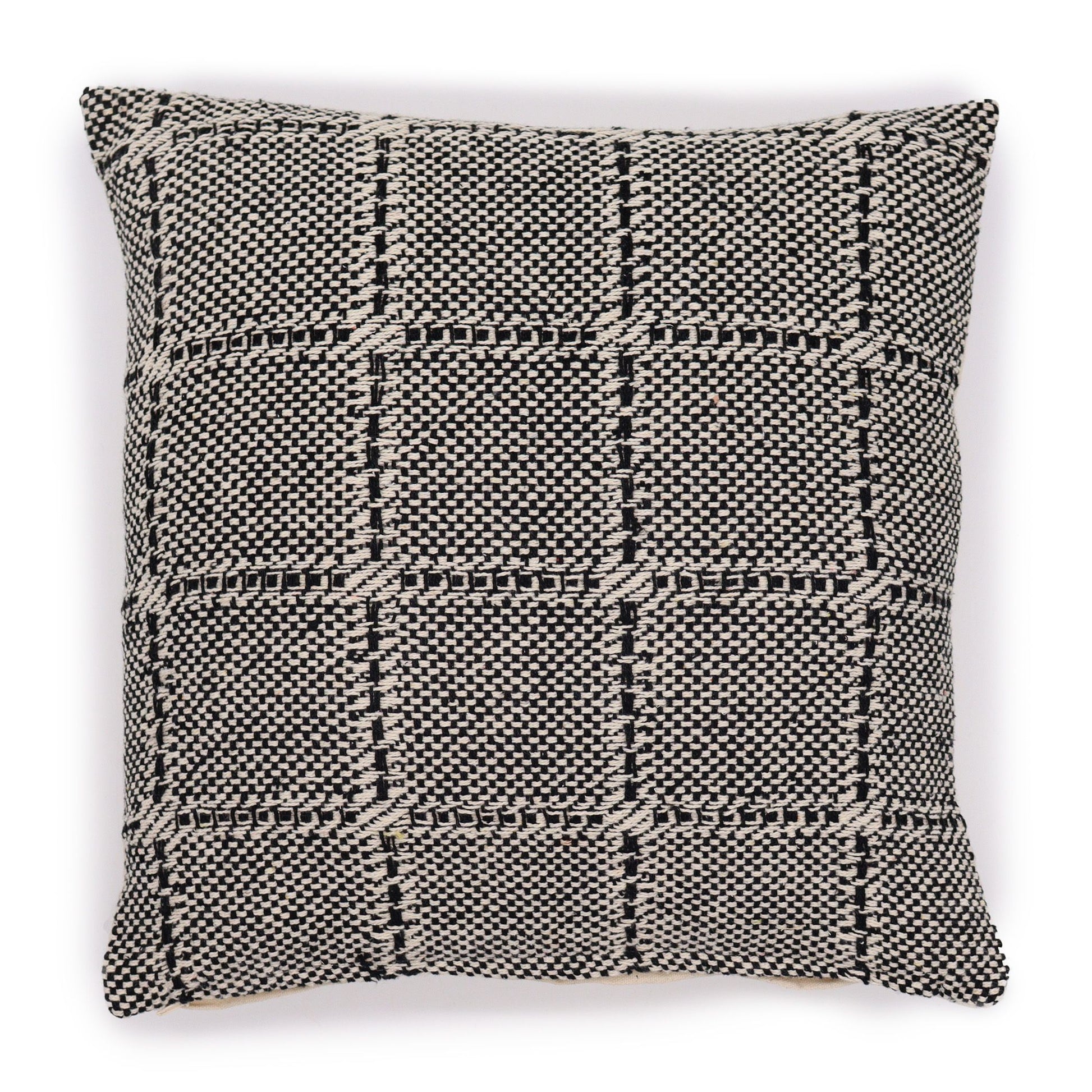 Square grey cotton cushion cover featuring a traditional white geometric pattern in a minimalist style.