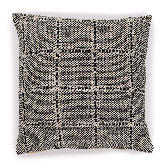 Square grey cotton cushion cover featuring a traditional white geometric pattern in a minimalist style.