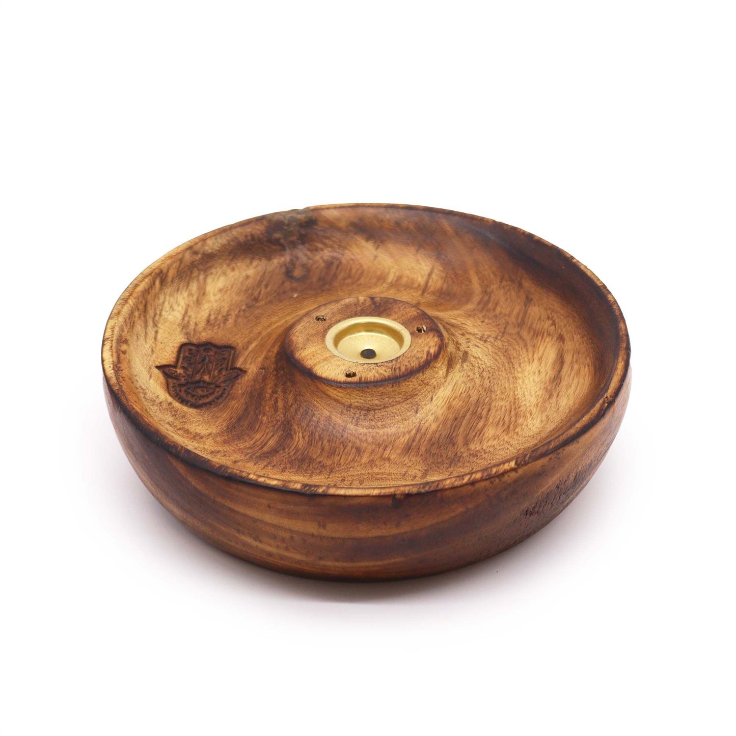 Circular wooden incense burner disc featuring an engraved Hamsa hand design with a central hole for incense sticks.