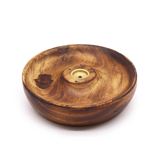 Circular wooden incense burner disc featuring an engraved Hamsa hand design with a central hole for incense sticks.