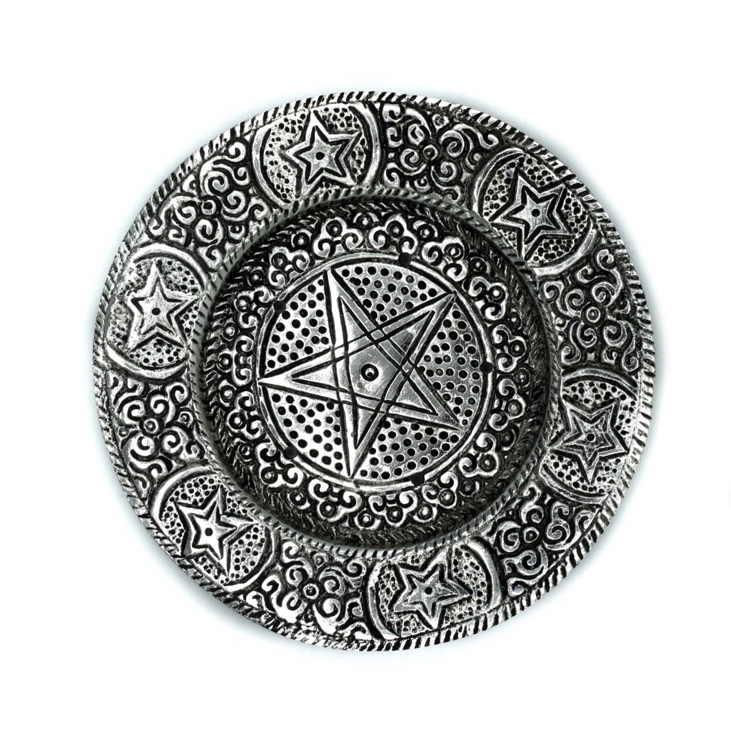 Sleek circular polished aluminium incense holder featuring an embossed pentagram design and central incense stick hole.