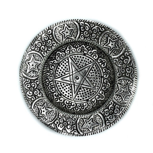 Sleek circular polished aluminium incense holder featuring an embossed pentagram design and central incense stick hole.