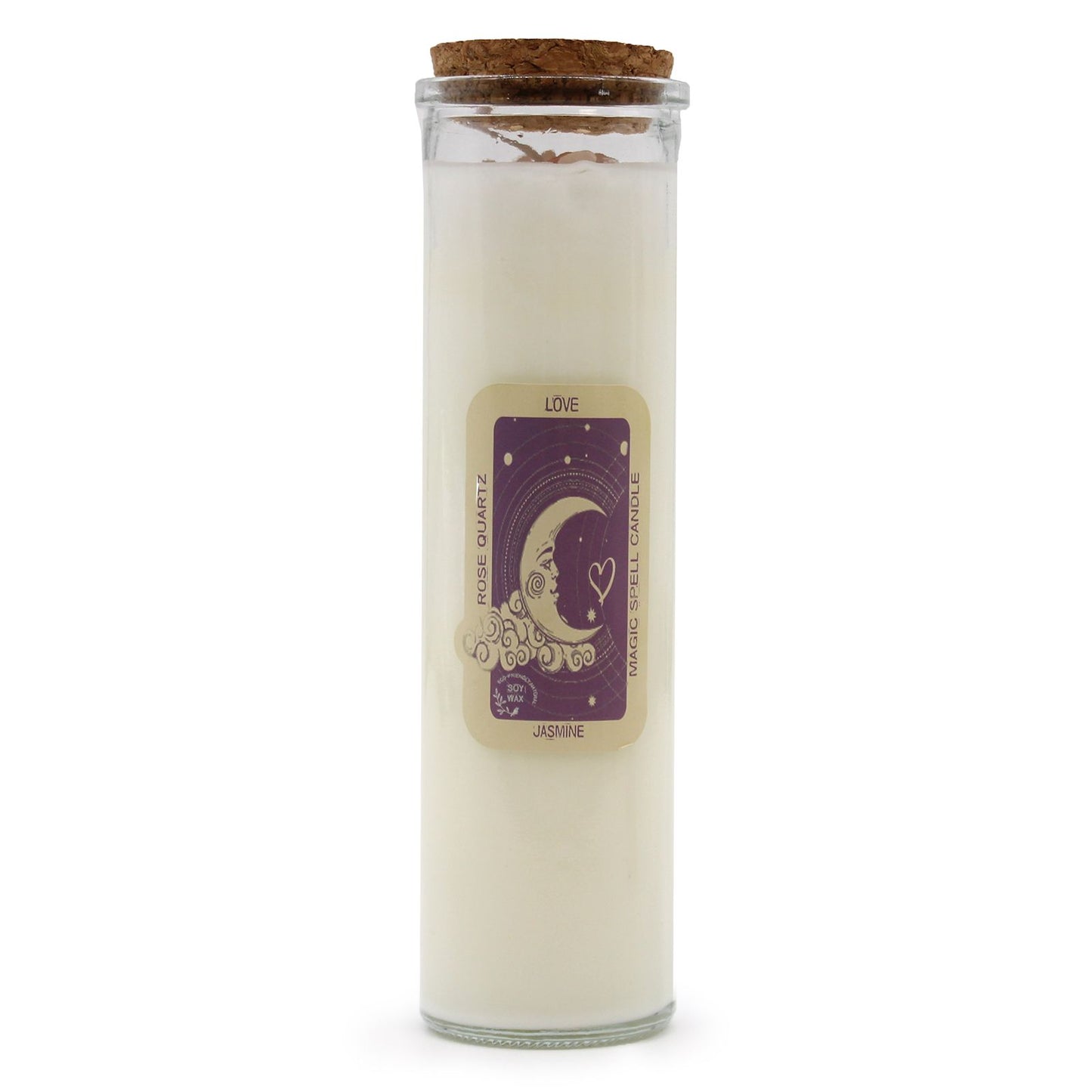 Pink soy wax candle in a glass jar topped with rose quartz gemstones and dried botanicals.