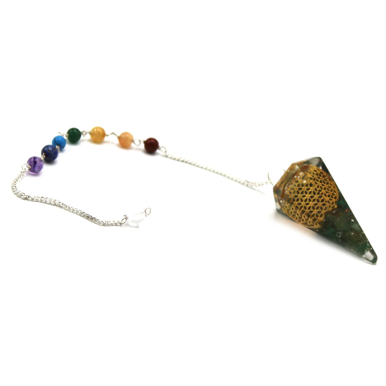 Orgonite chakra pendulum with vibrant rainbow layers and a silver-tone Flower of Life symbol on a metal chain.