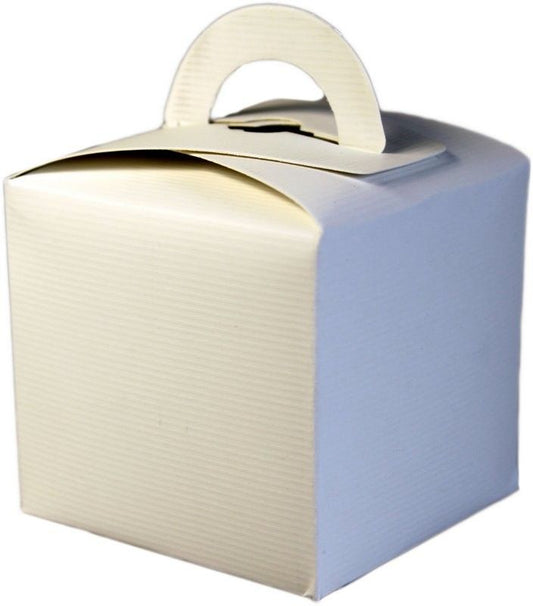 Small white square cardboard gift box with a simple, elegant design for wedding favours and small gifts.