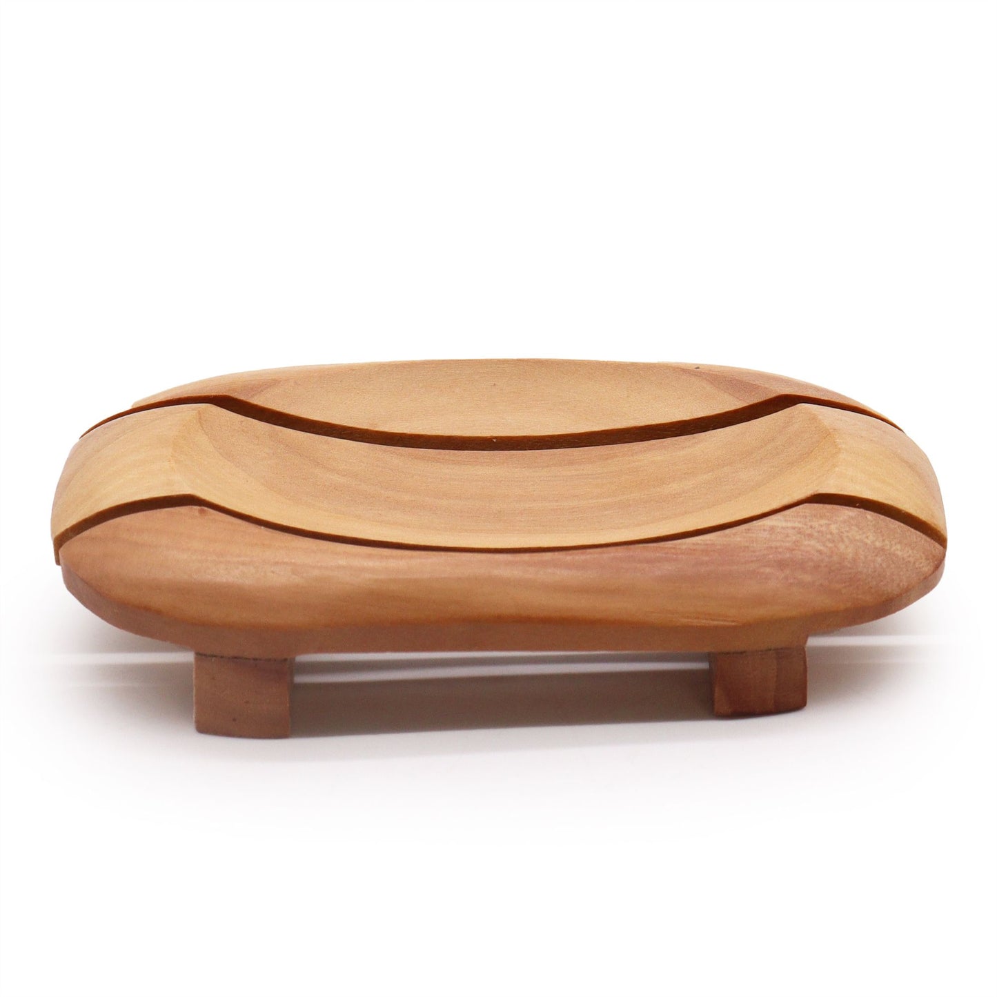 Handcrafted dark mahogany wood soap dish with an oval carved center inside a rectangular frame.