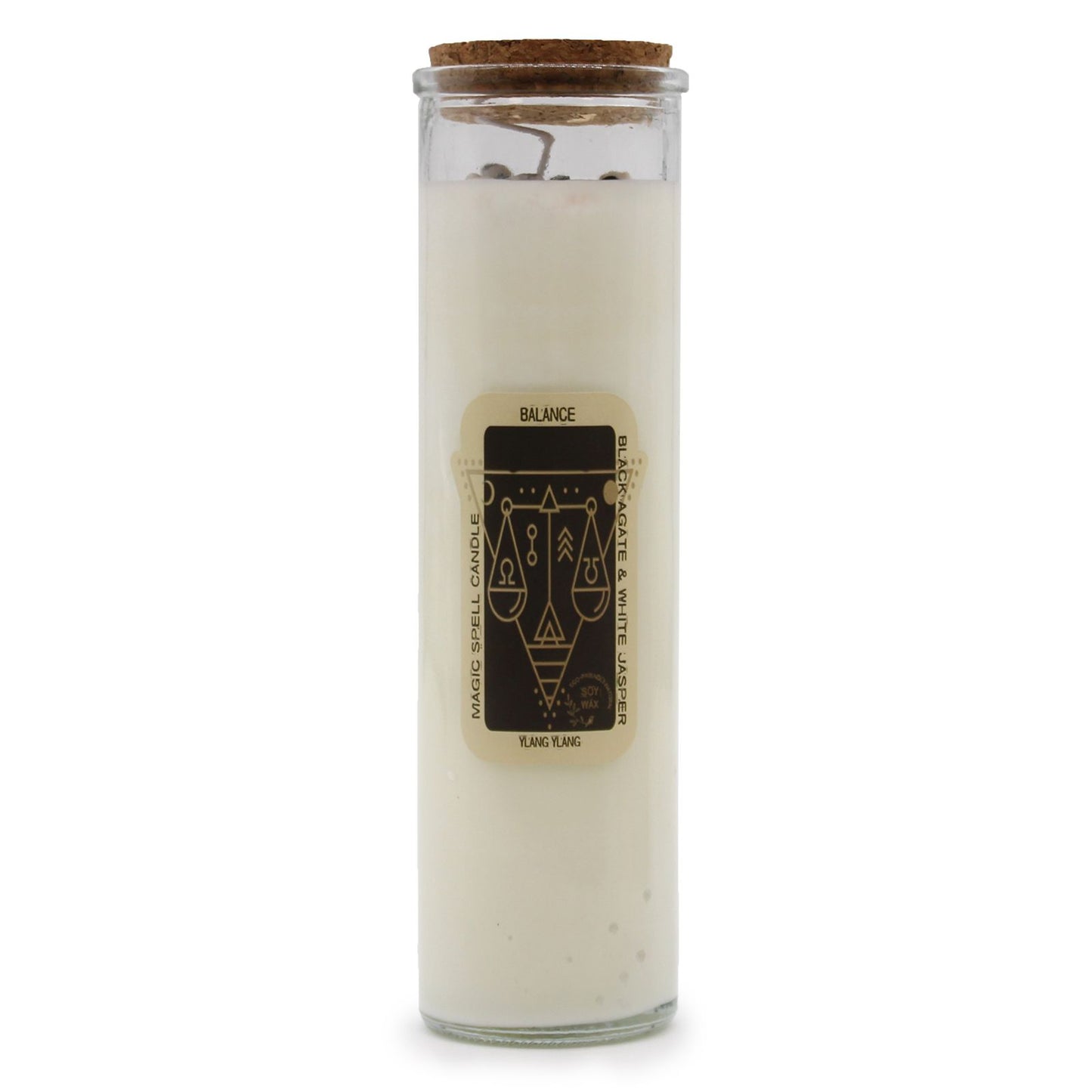 Soy wax spell candle topped with genuine black agate and white jasper gemstones in a glass jar.