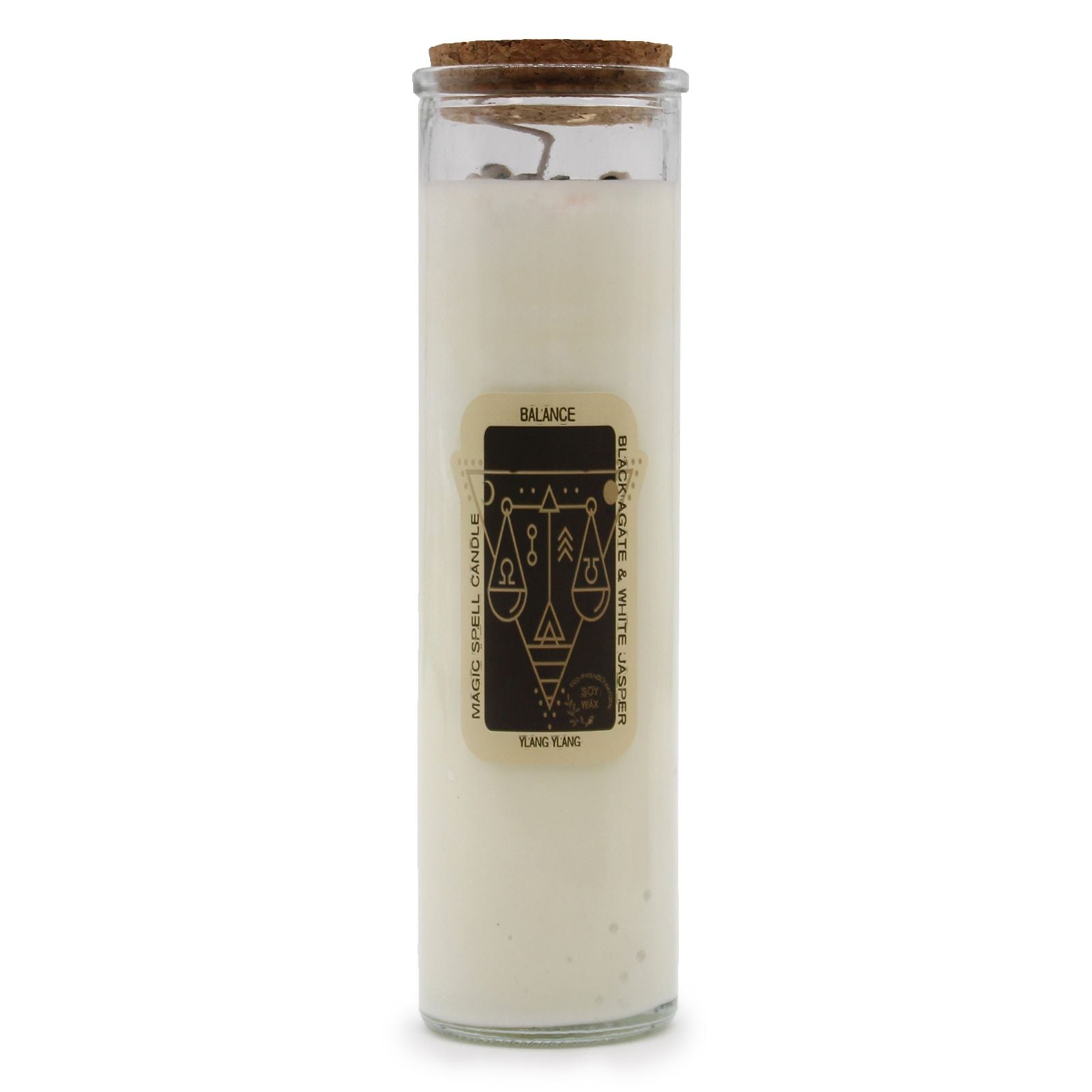 Soy wax spell candle topped with genuine black agate and white jasper gemstones in a glass jar.