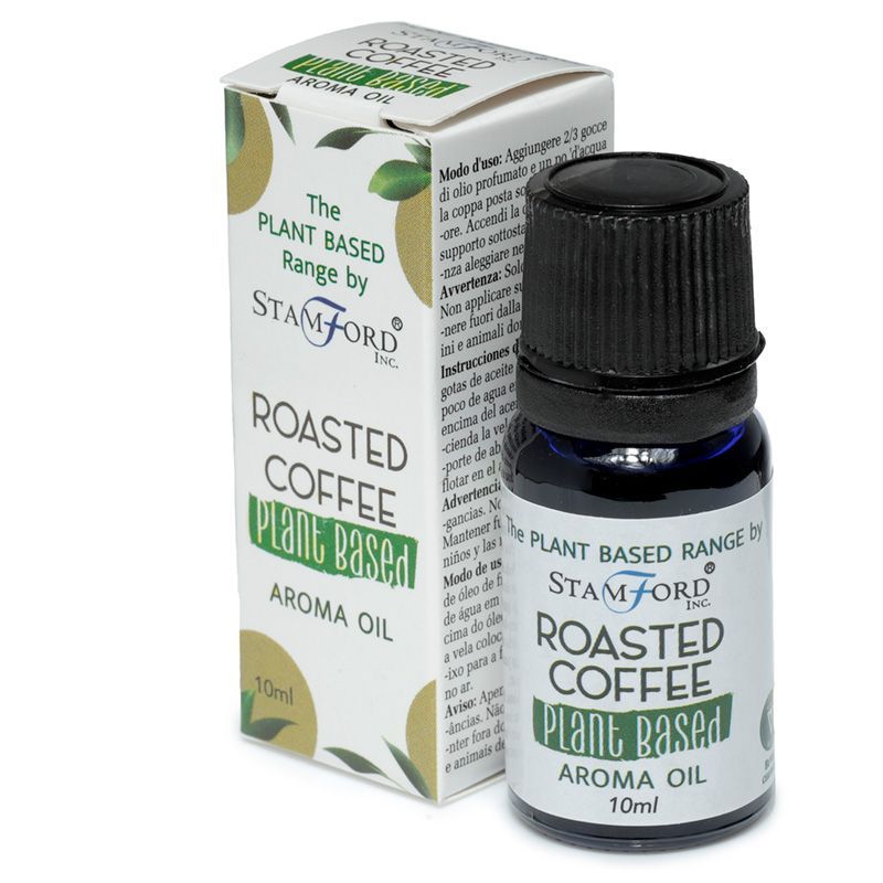 A small amber glass bottle of roasted coffee scented aroma oil with a minimalist label on a neutral background.