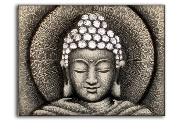 Hand-painted silver Buddha portrait with a sun-inspired background on a large 60x80cm canvas.