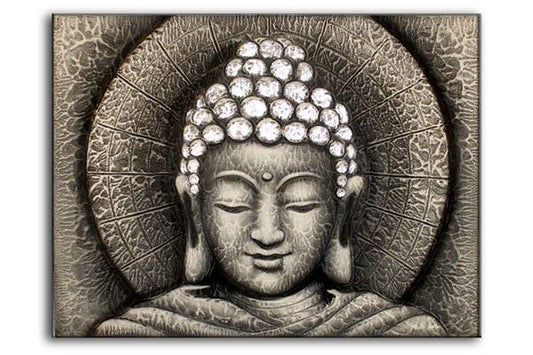 Hand-painted silver Buddha portrait with a sun-inspired background on a large 60x80cm canvas.