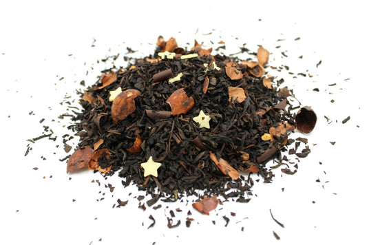 Large bag of loose leaf black tea leaves blended with aromatic brownie-inspired ingredients.