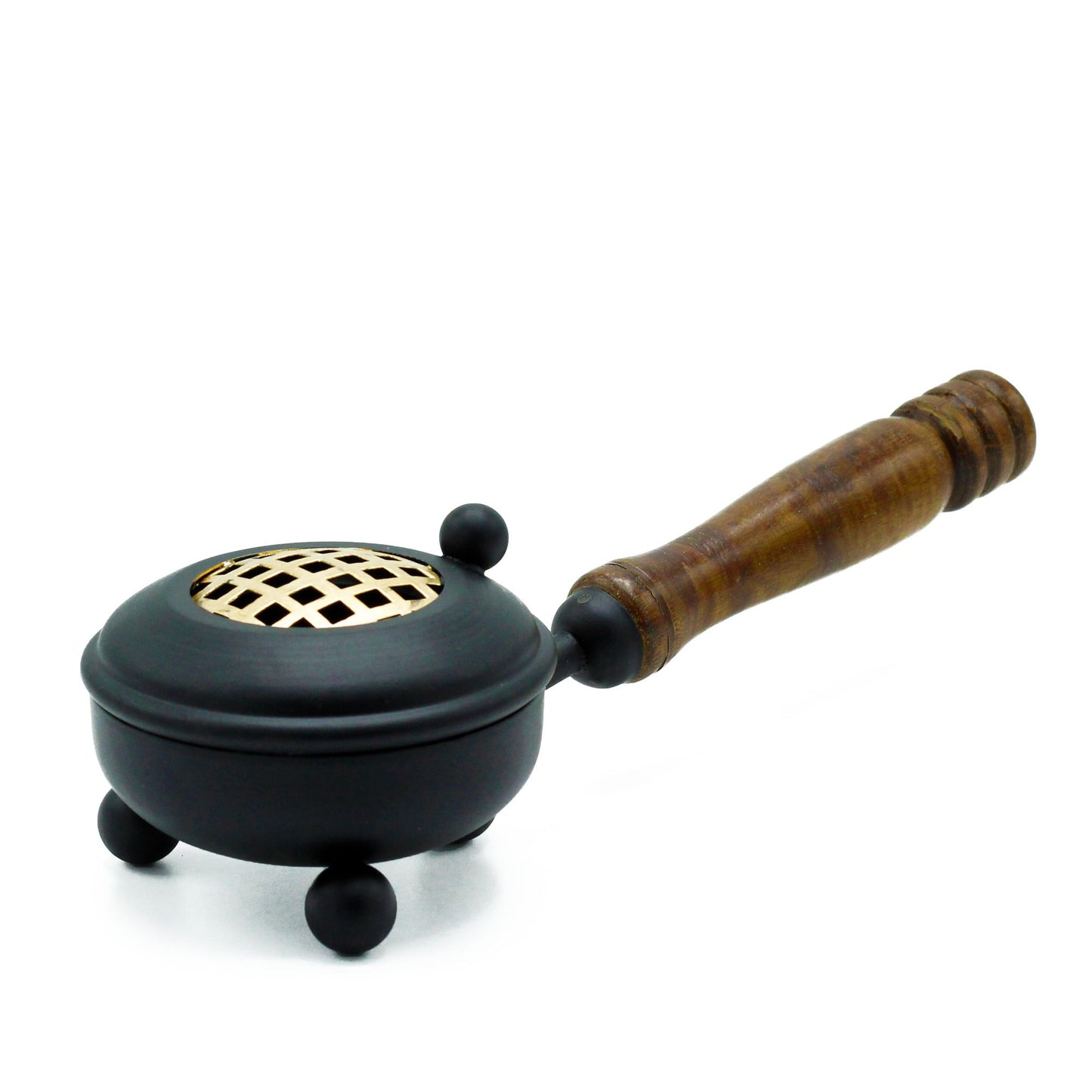 Rustic black cast-iron incense burner with gold detailing and a practical wooden handle for burning cones and sticks.