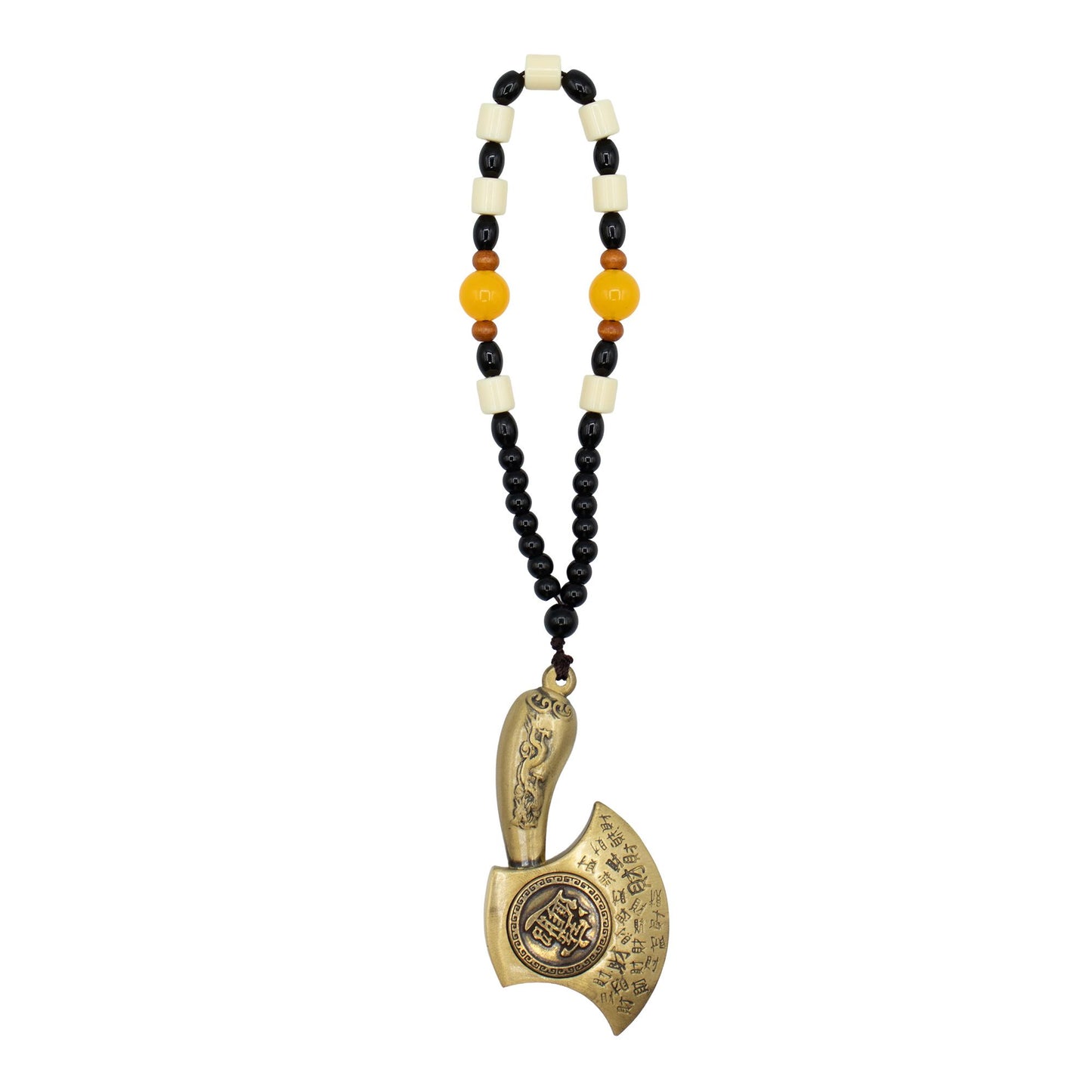 Traditional ceremonial Feng Shui hanging axe symbol with decorative red tassel and intricate metallic details.
