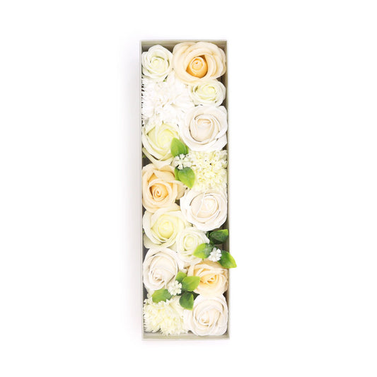 Elegant long gift box filled with realistic white and ivory soap flowers arranged in a wedding blessings design.