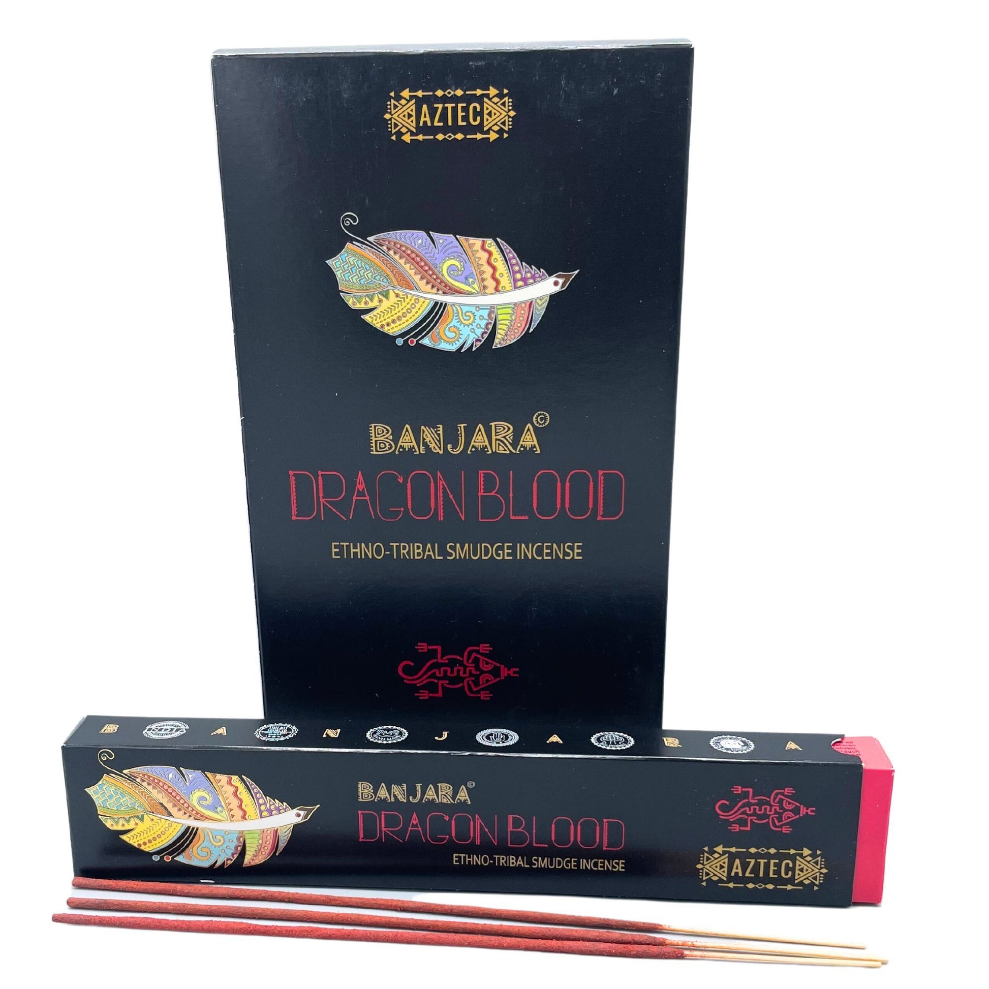 Handcrafted tribal smudge incense sticks with red dragon's blood resin in decorative tribal-inspired packaging.