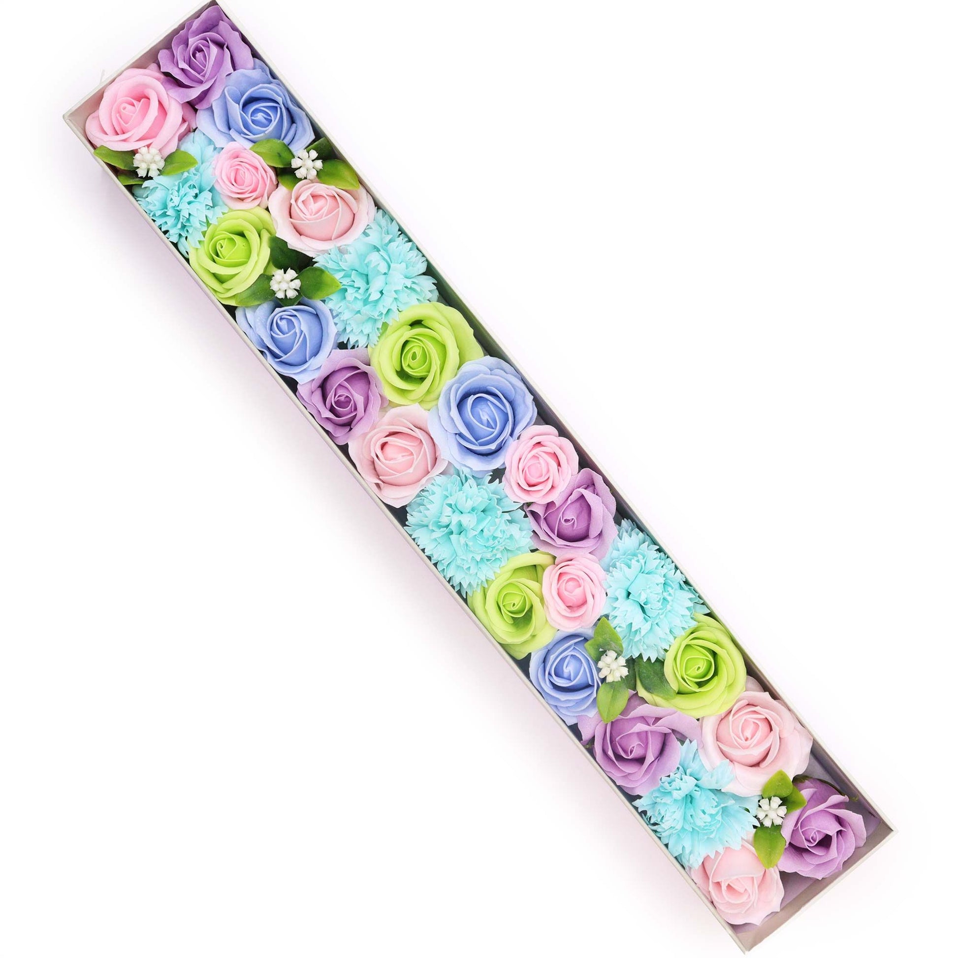 Extra long gift box filled with delicate handcrafted soap flowers in various shades of soft blue and white.