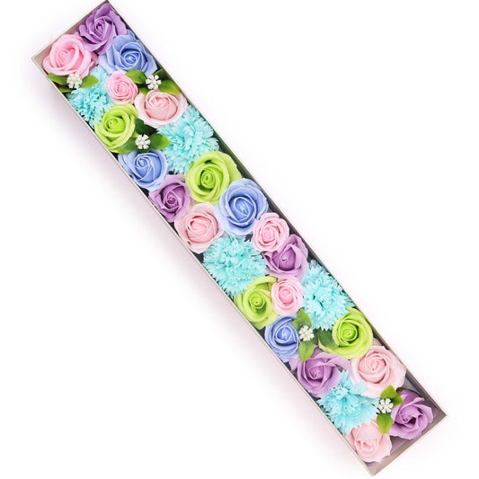 Extra long gift box filled with delicate handcrafted soap flowers in various shades of soft blue and white.