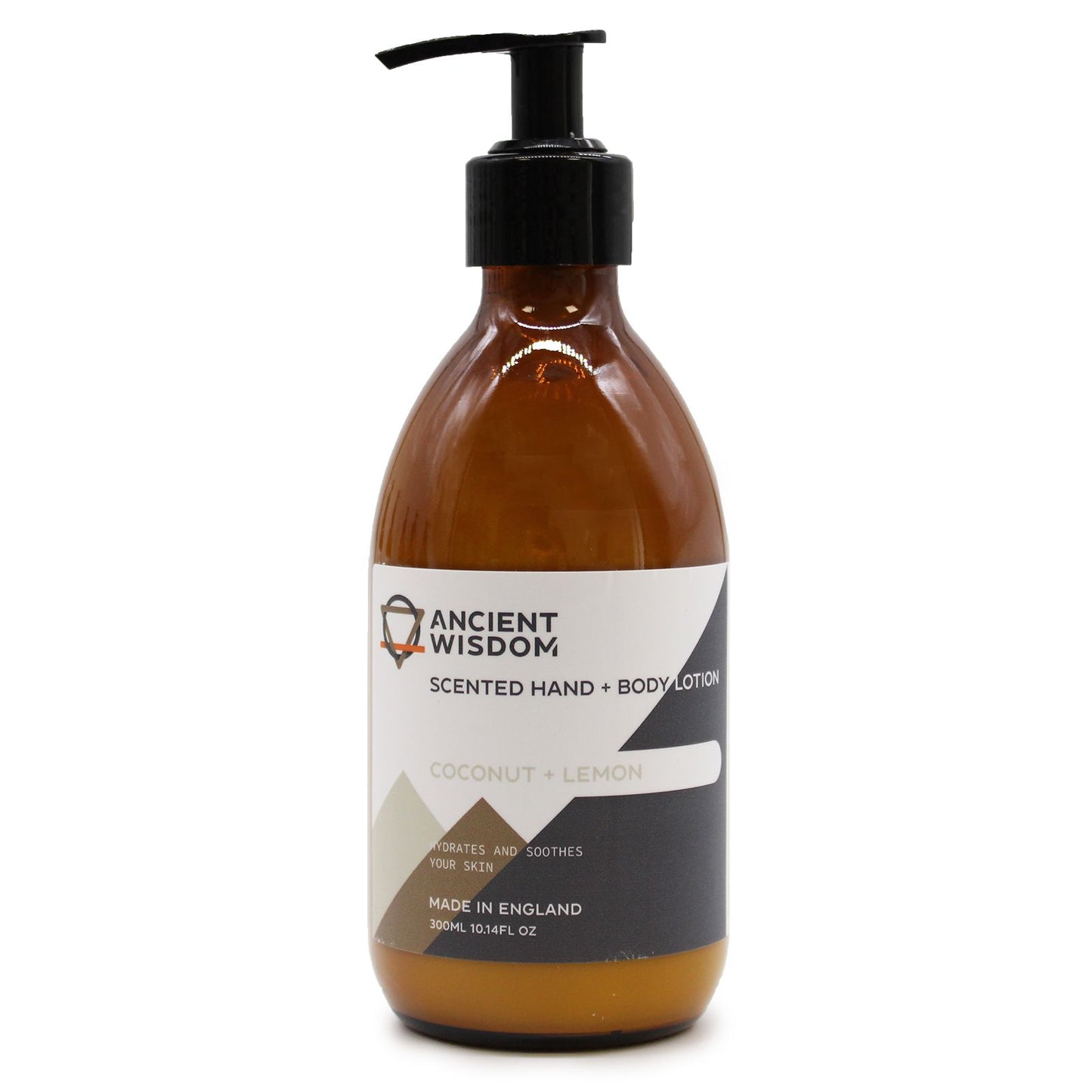 Bottle of white hand and body lotion featuring a botanical label with coconut and lemon illustrations.