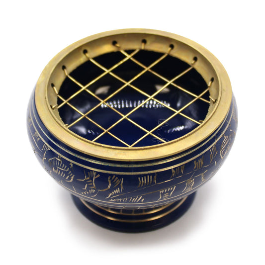 Tall dark blue charcoal incense jar decorated with golden patterns and Throat chakra symbol on a high base.