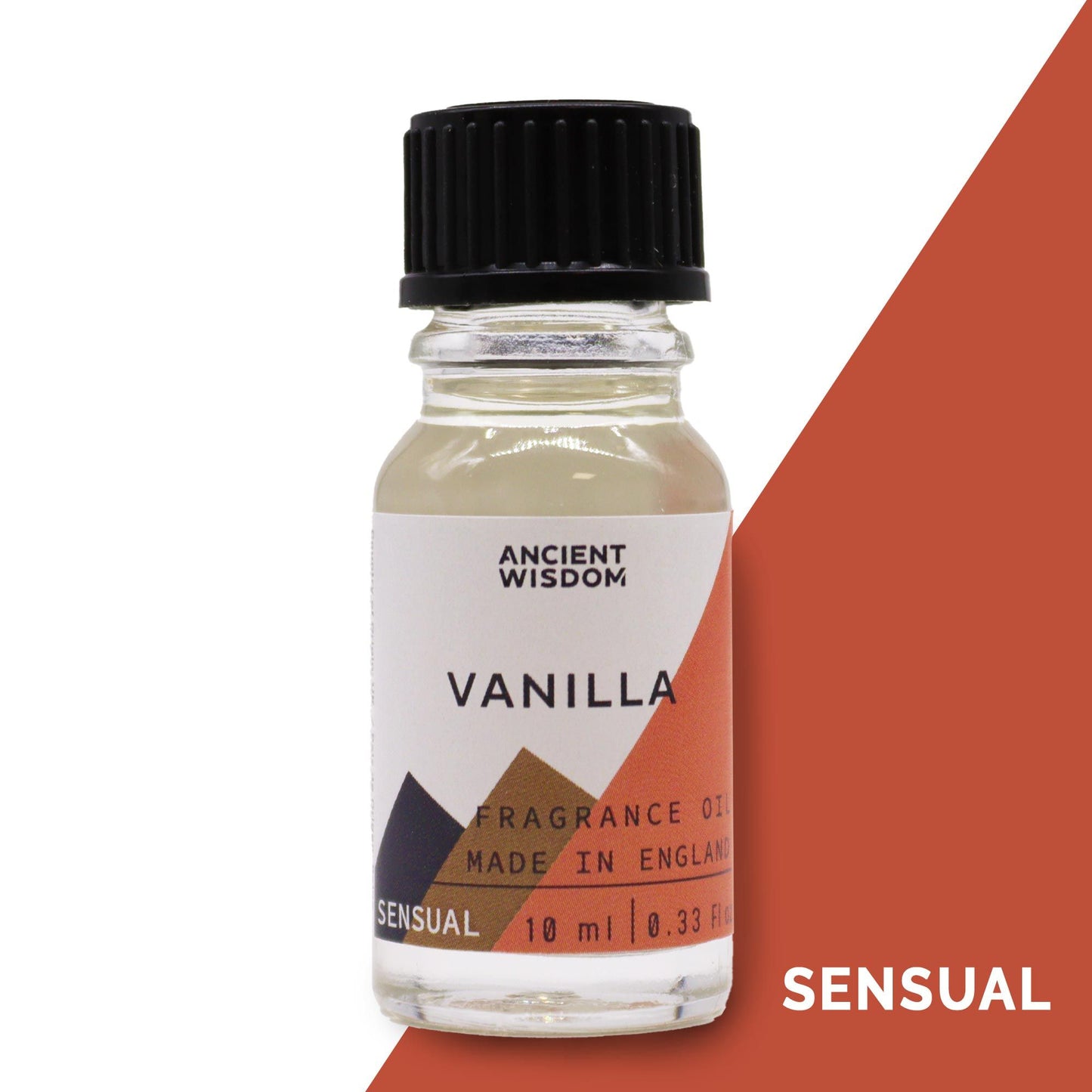 Small amber glass bottle of vanilla fragrance oil with a black dropper cap on a plain background.