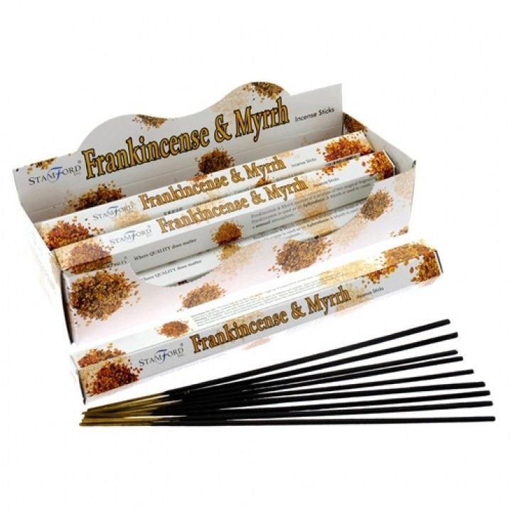 Hexagonal box of premium frankincense and myrrh incense sticks for home fragrance and relaxation.