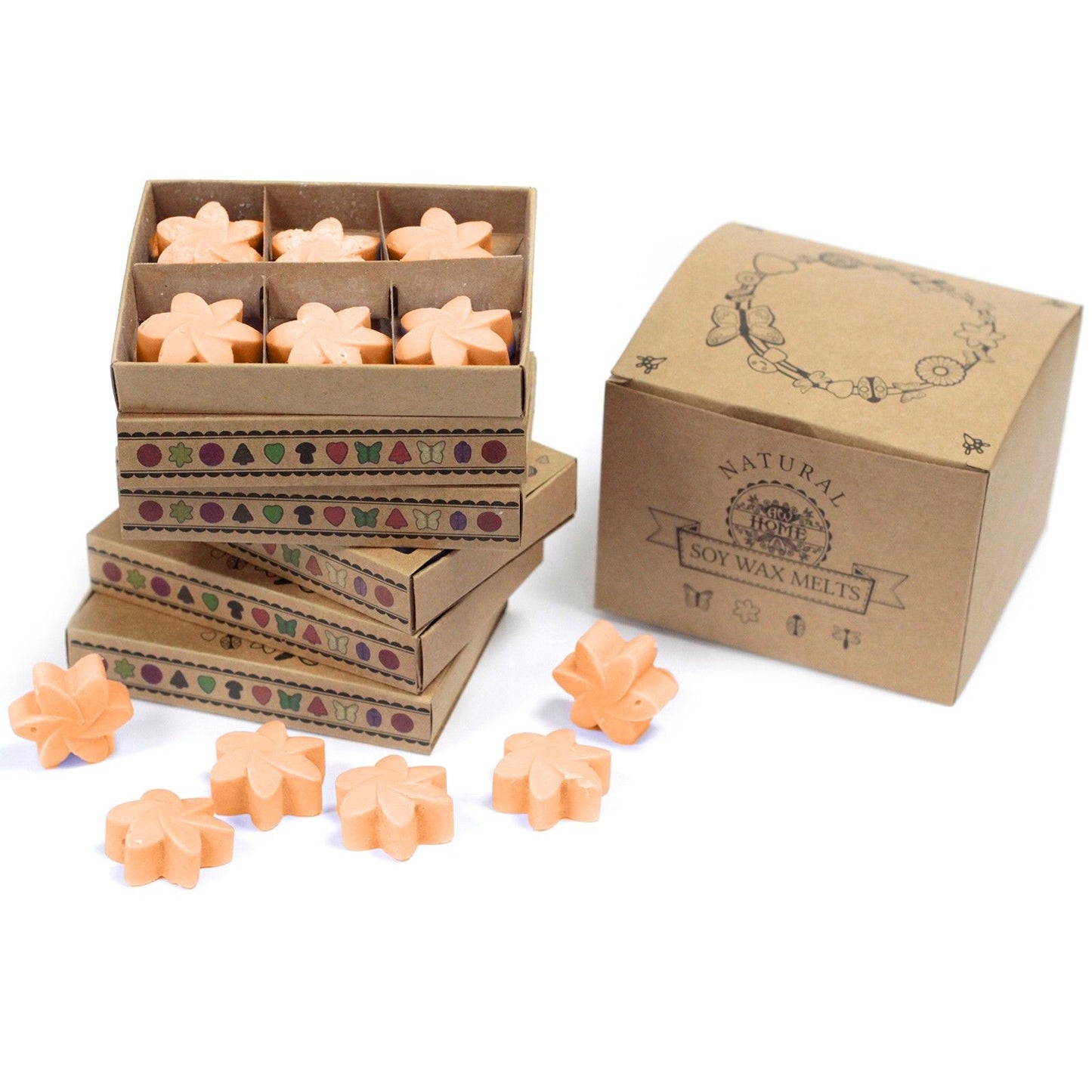 Six rectangular yellow mango scented soy wax melts arranged neatly in a small decorative matchbox style cardboard box.