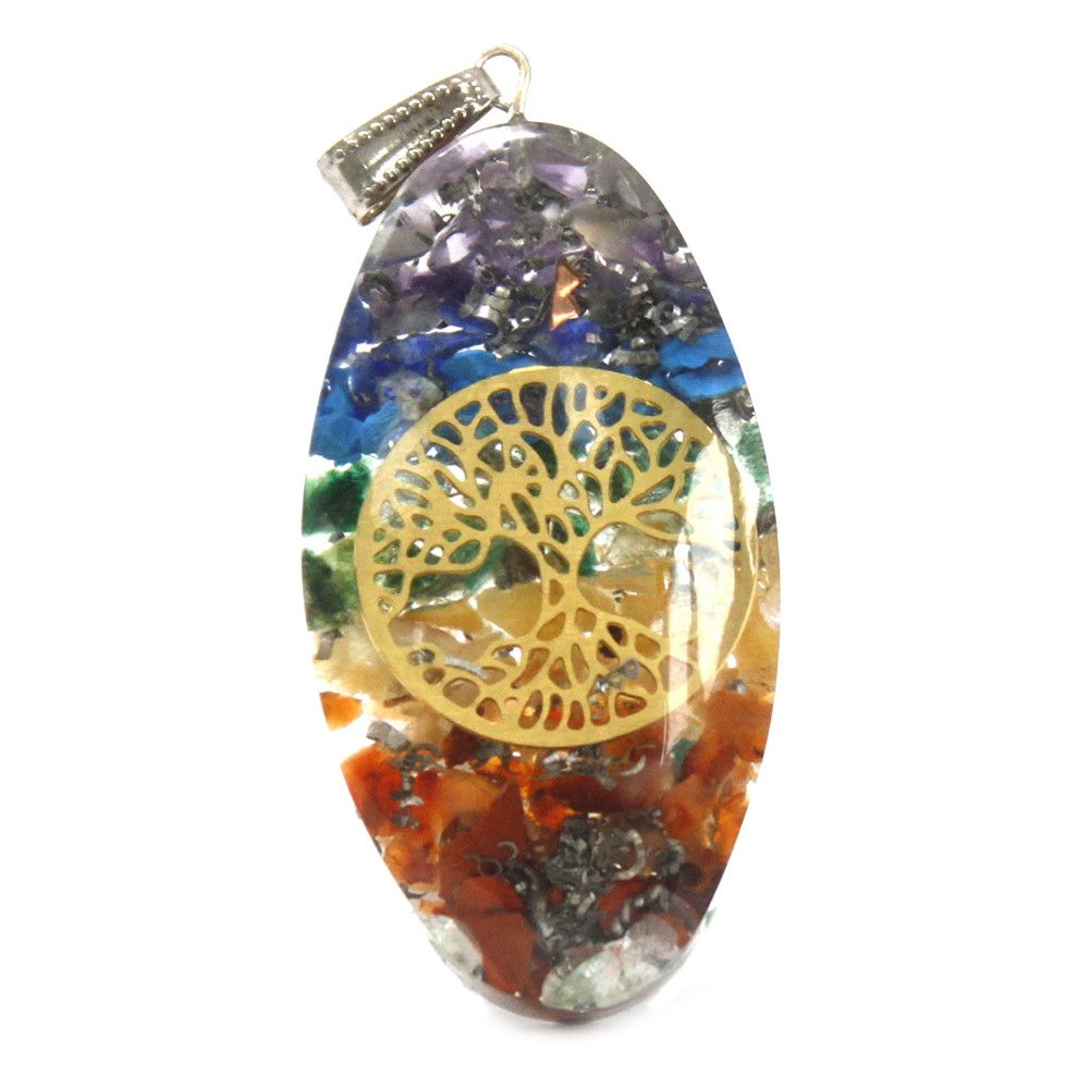 Oval orgonite pendant containing colourful gemstone chips representing the seven chakras and a metallic tree of life symbol.