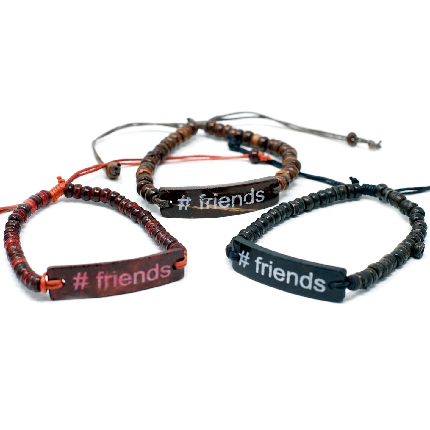 Natural brown coco beaded stretch bracelet featuring a white bead with the hashtag slogan Friends.